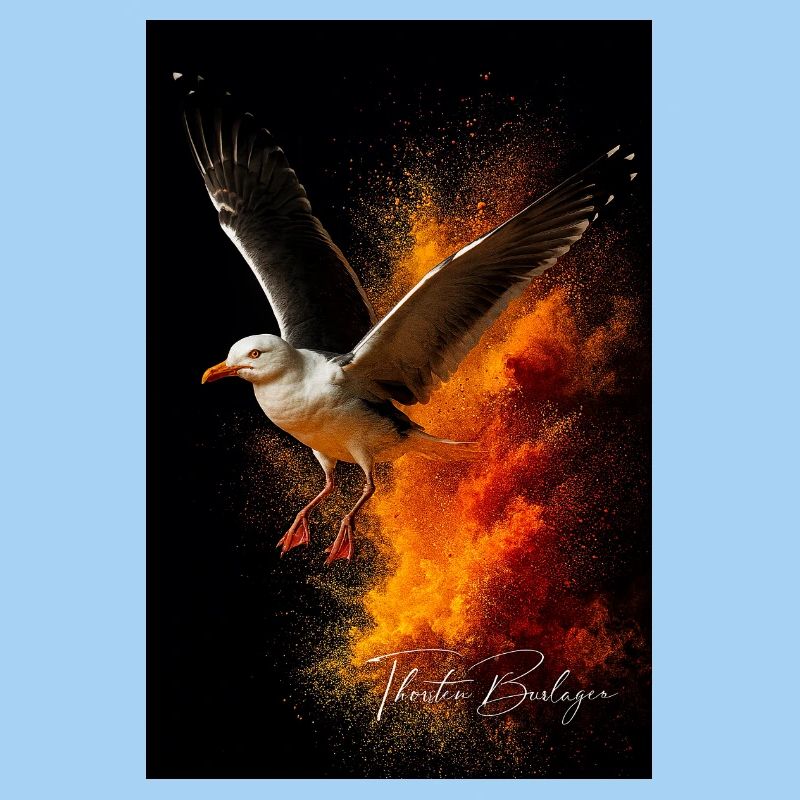 Vol de mouette devant la poussière de feu