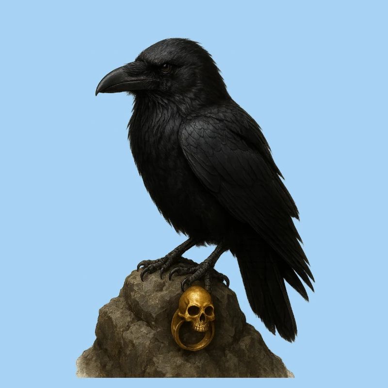 Corbeau sur roche et crâne doré