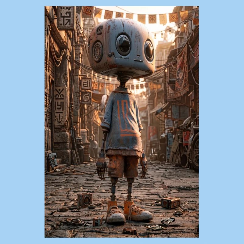 Robot rouillé dans le bazar néon