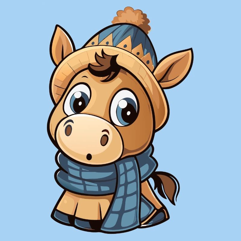 Poney mignon avec écharpe et chapeau à pompon.