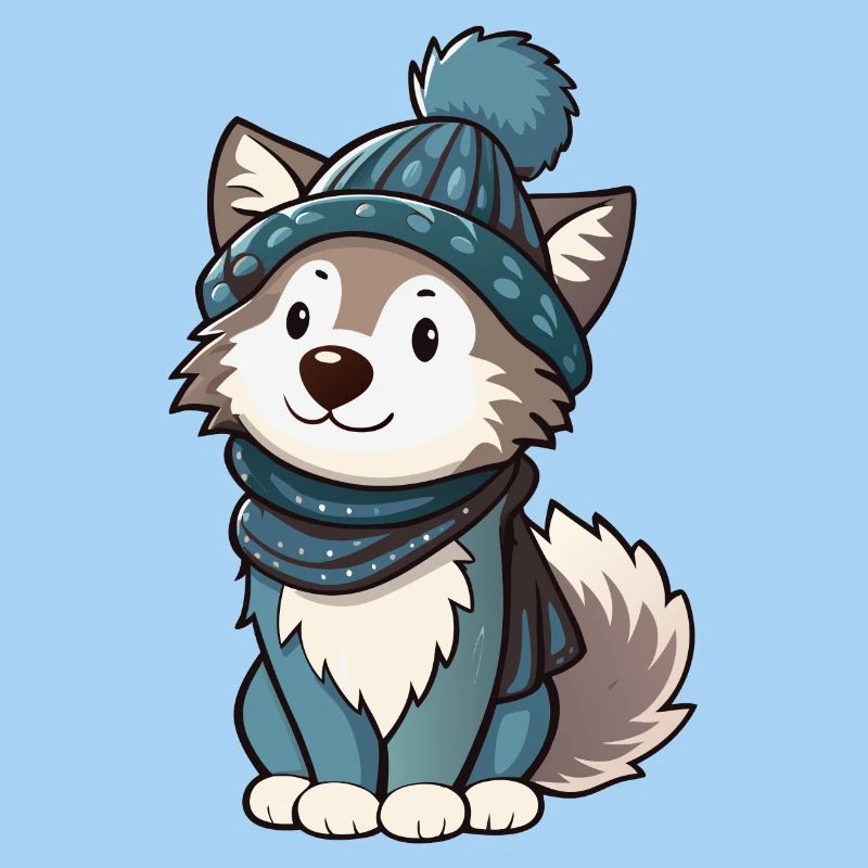 Cute wolf with scarf and bobble hat.