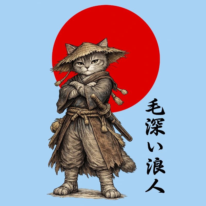 Katzen-Ronin-Samurai unter roter Sonne