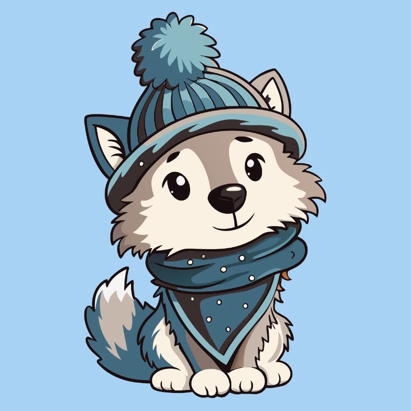 Loup mignon avec écharpe et chapeau à pompon.
