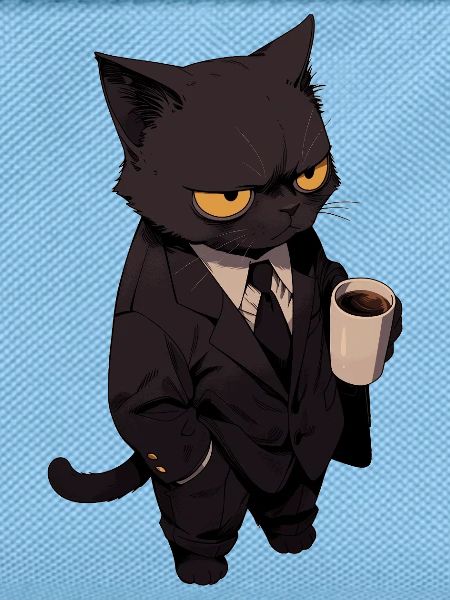 Kater im Anzug mit Kaffee