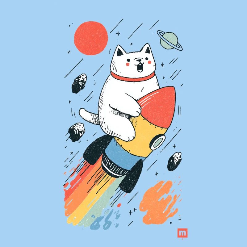 Chat sur fusée dans l’espace coloré