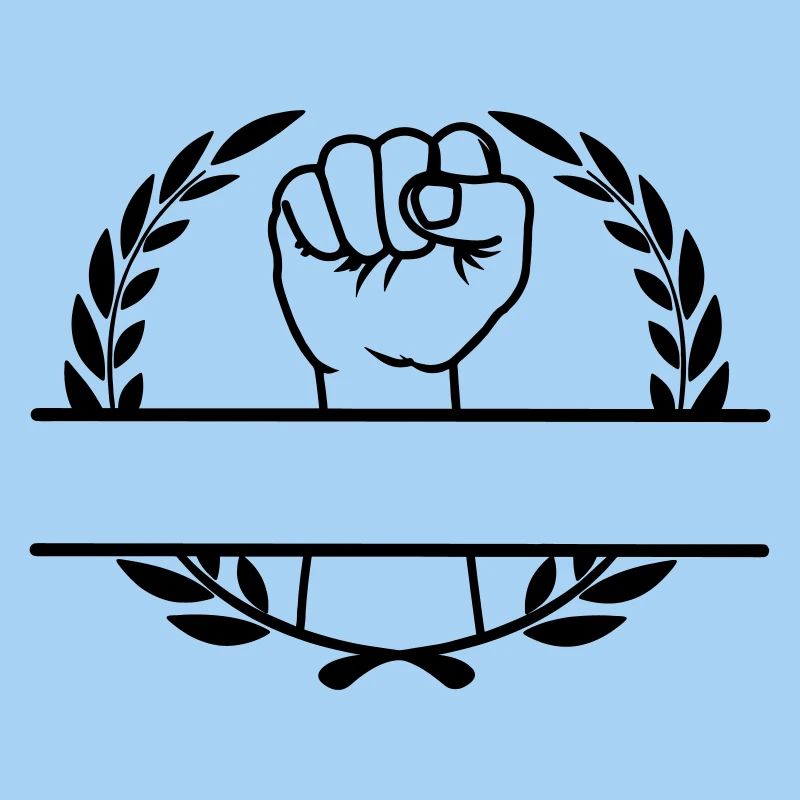 Fist held up in laurel wreath for name