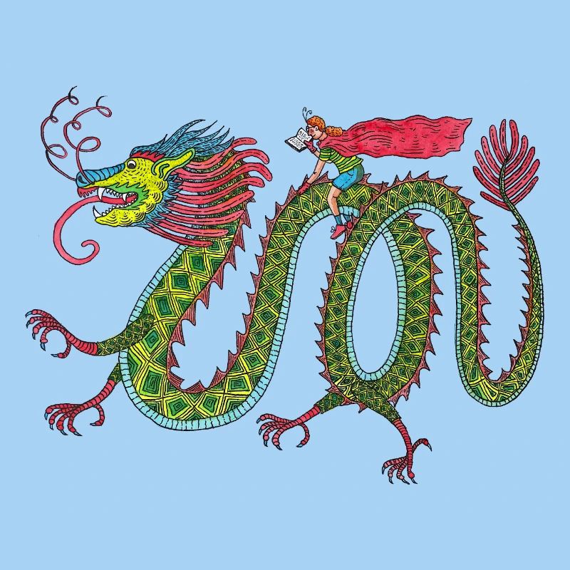 Drache mit lesendem Reiter