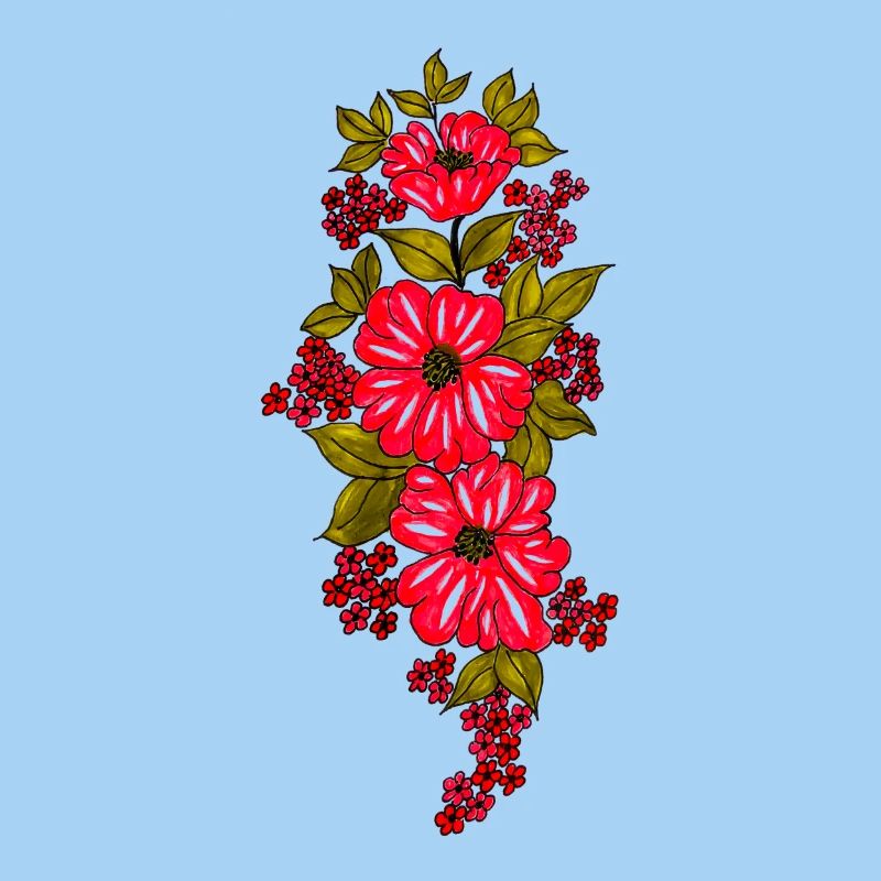 Rote Blütenkaskade mit Blättern