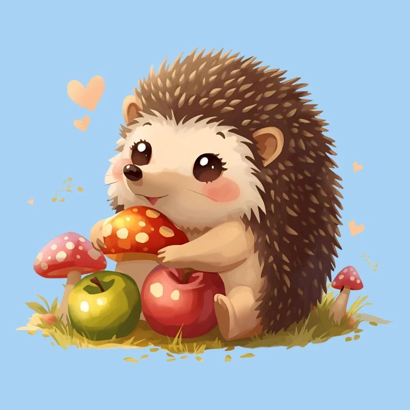 Süßer Igel mit Pilzen und Äpfel