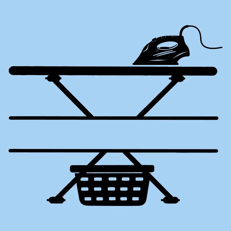 Iron, ironing board and laundry basket, text banner