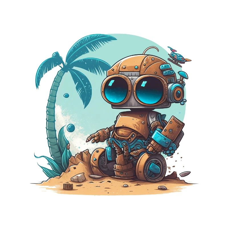 A small robot on the beach under a palm tree
