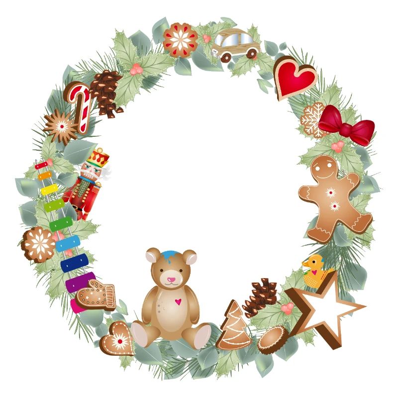 Bunter Weihnachtskranz mit Spielzeug und Lebkuchen