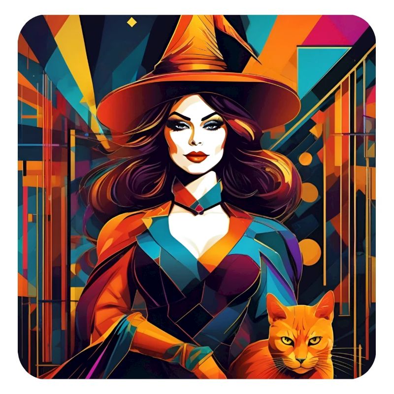 Belle sorcière avec chat dans un style rétro