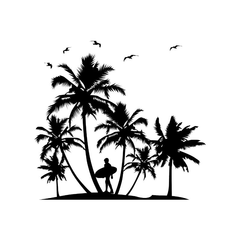 Beach palm trees surfer silhouette