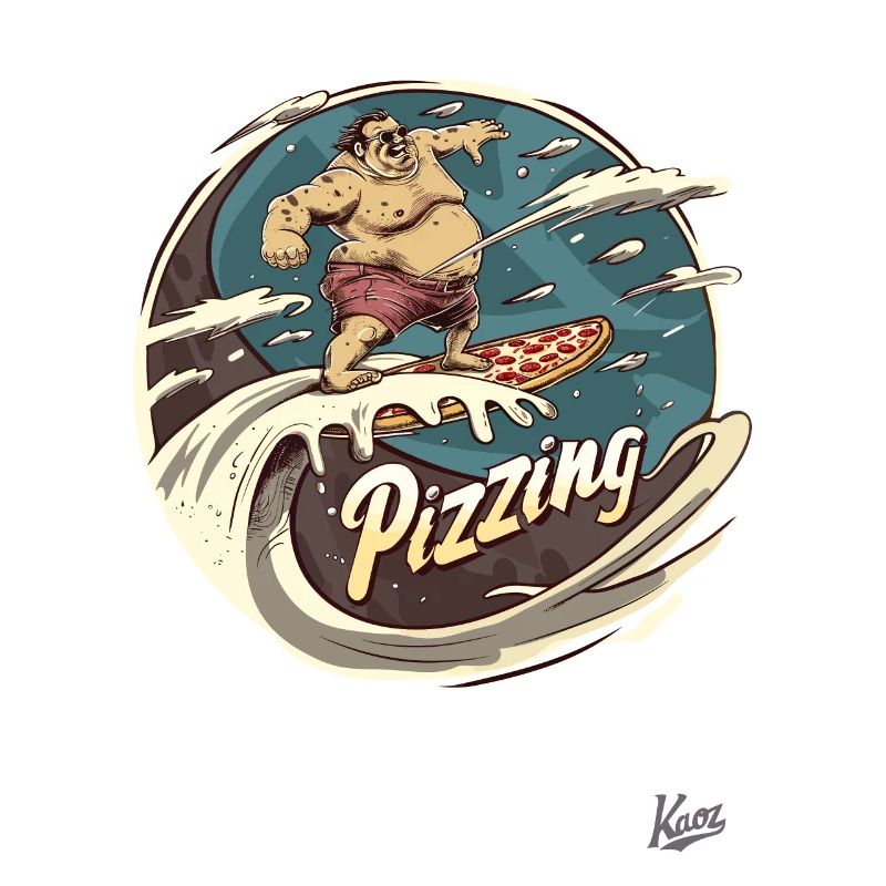 Big surfer guy surfing on a pizza wave