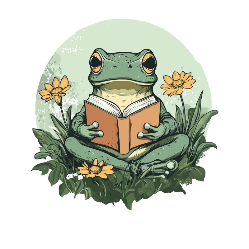 Frosch liest Buch im Blumenmeer