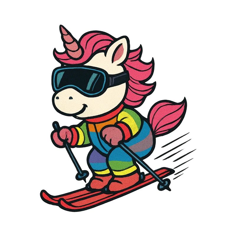 süßes Ski-Einhorn im Regenbogenanzug