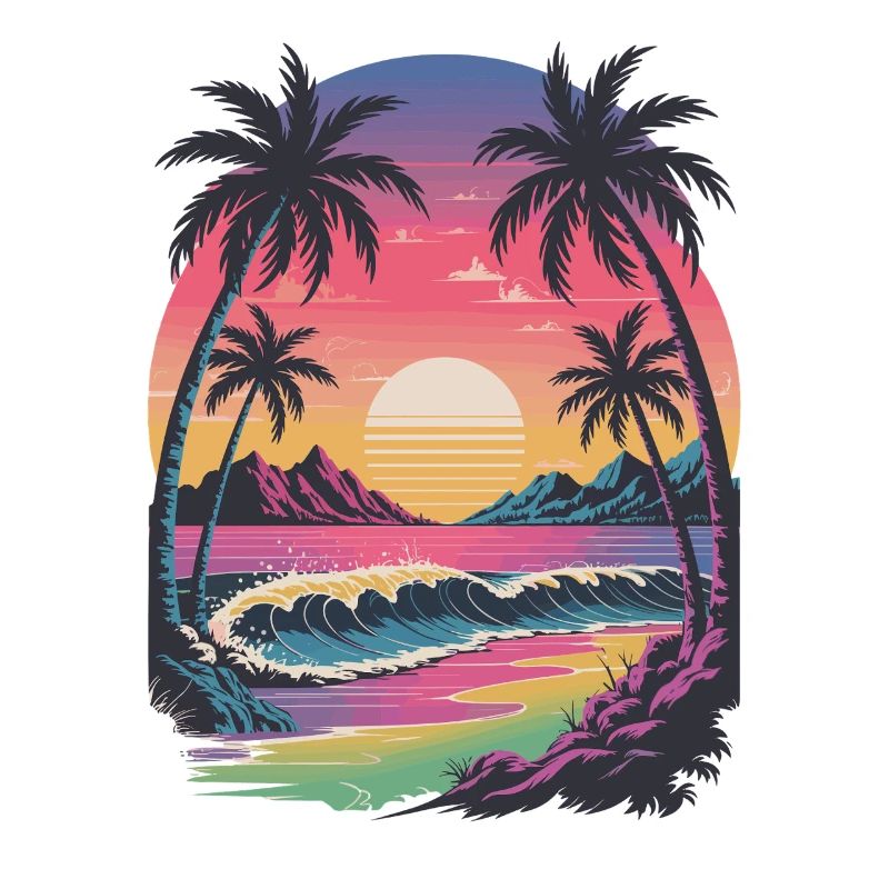 Retro Tropical Sunset Surfer Beach