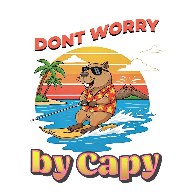 Capybara surfer at sunset