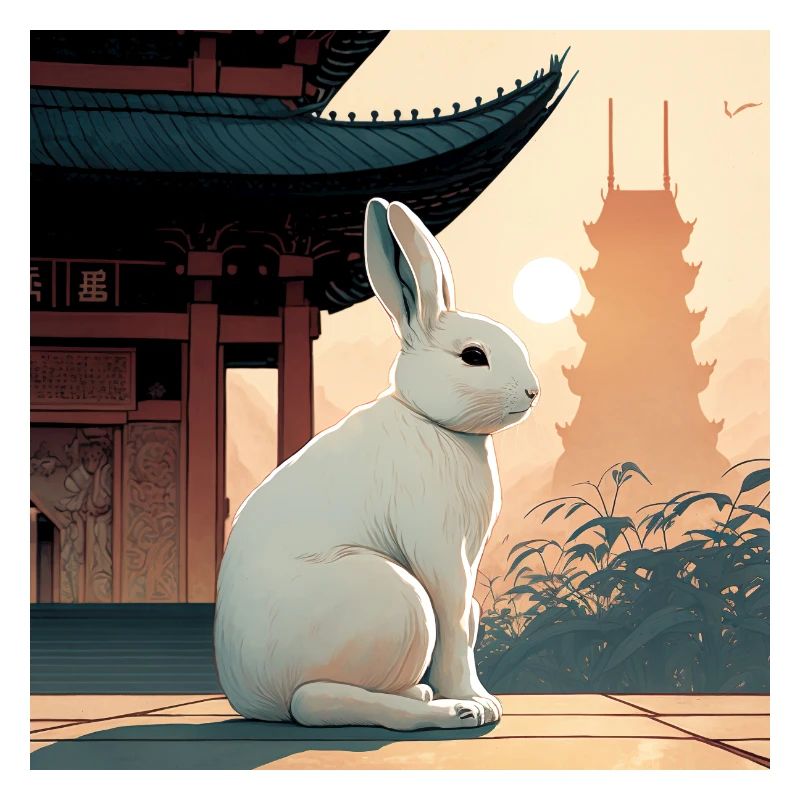 lapin devant un temple asiatique