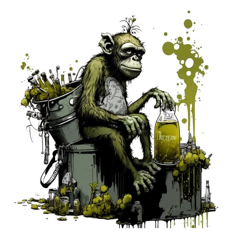 Chimpanzés devant la bouilloire de brassage, front spécial