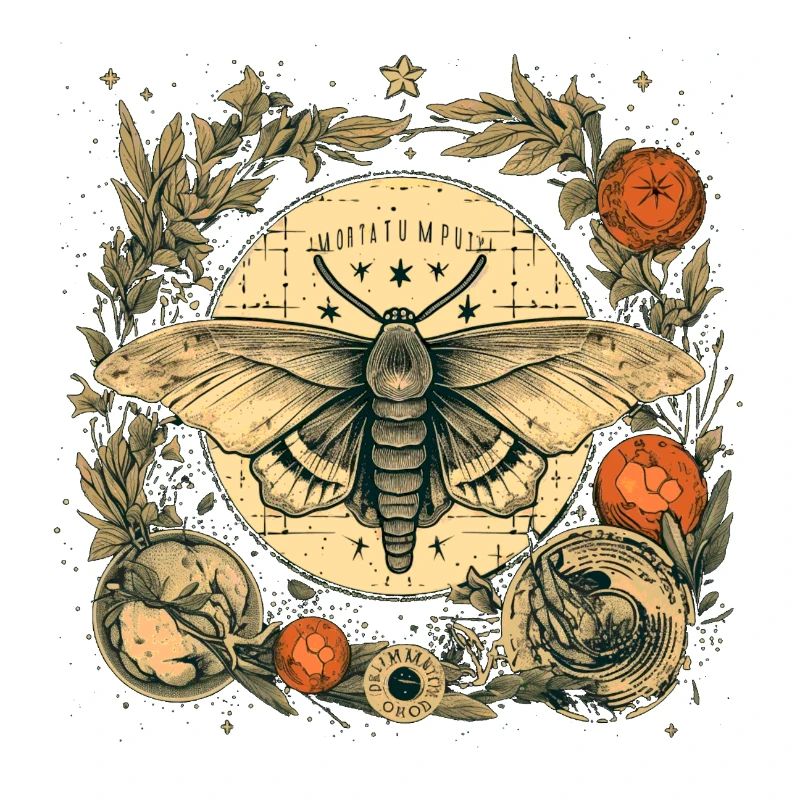 Mystical moth with magical herbarium and moons