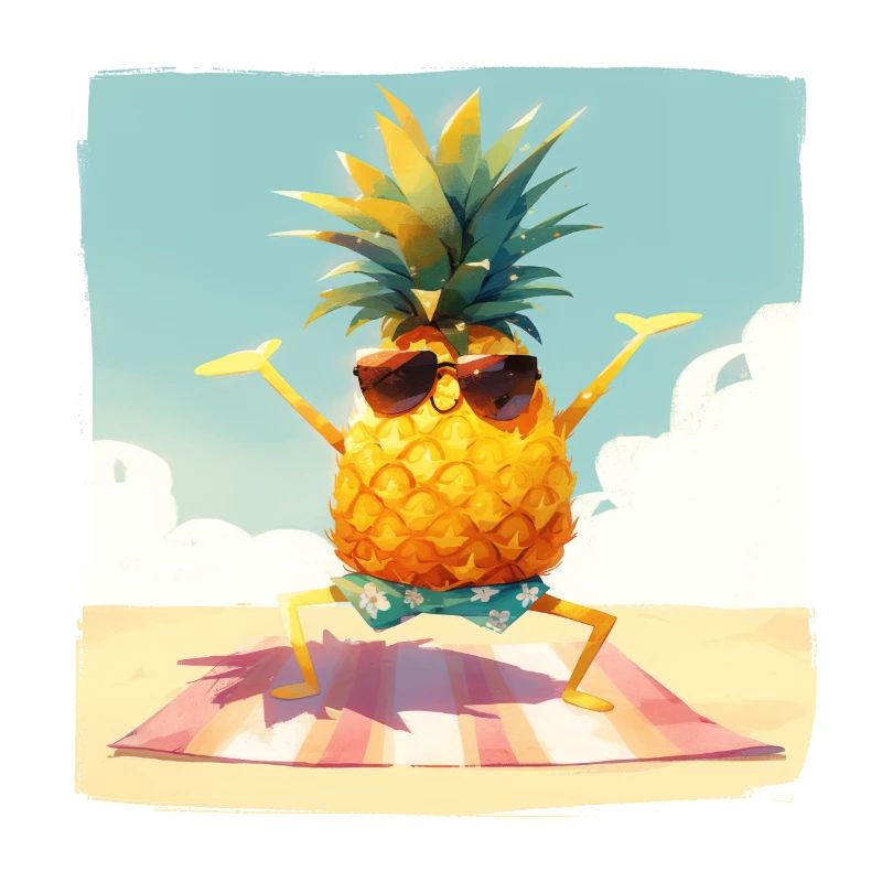 Drôle d’ananas dansant/faisant de l’exercice sur la plage