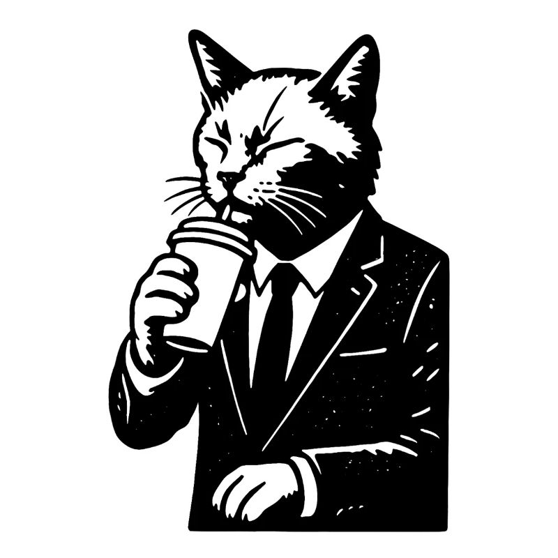 Cat in a suit drinks coffee