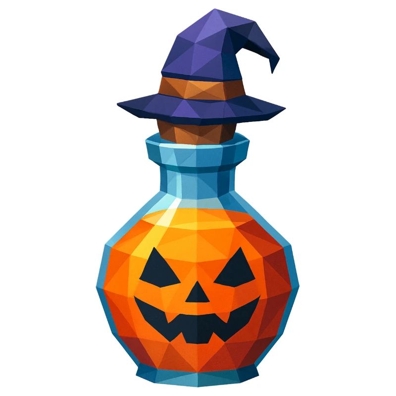 Low poly pumpkin in a witch vial