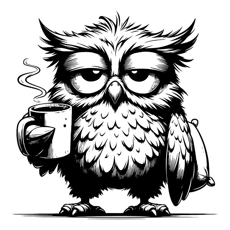 Lustige müde Comic Eule mit Kaffee Defizit
