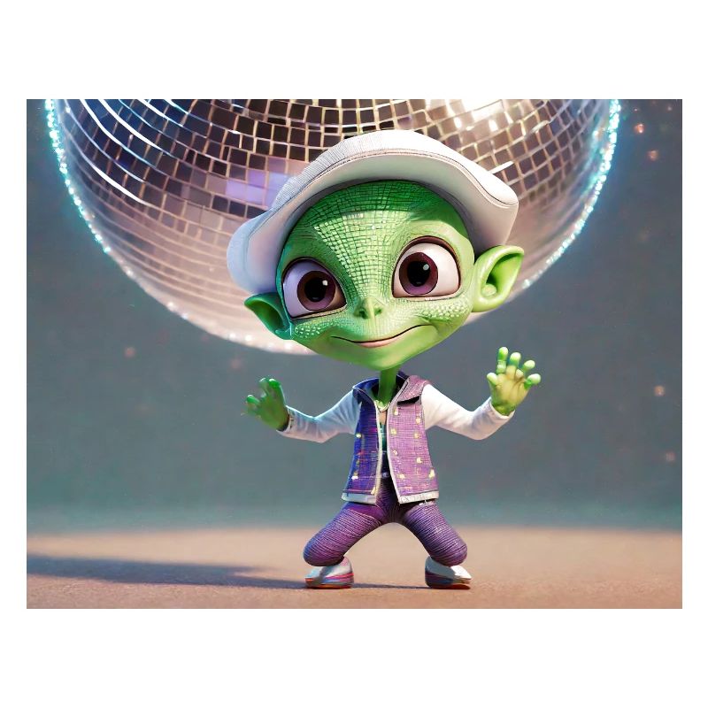alien is dancing at a party under a disco ball
