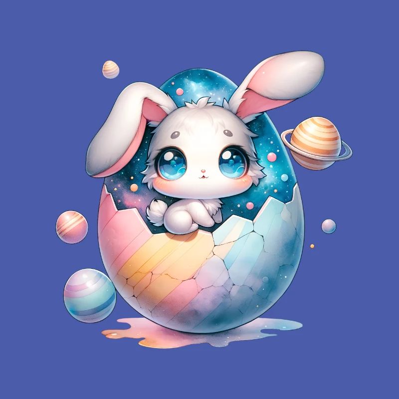 Chibi Space Bunny assis dans un œuf de Pâques fêlé