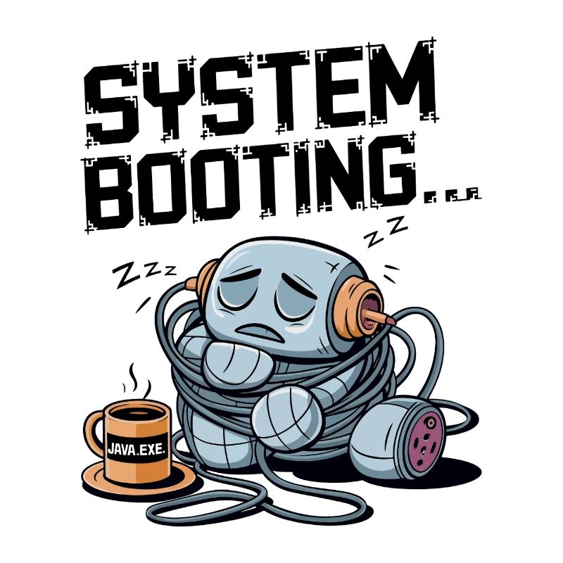 Sleepy Robot Booting with Java.exe Coffee – Funny
