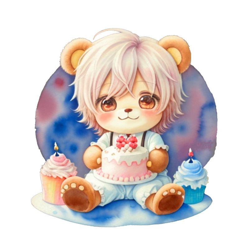 Chibi ours en peluche garçon avec gâteau