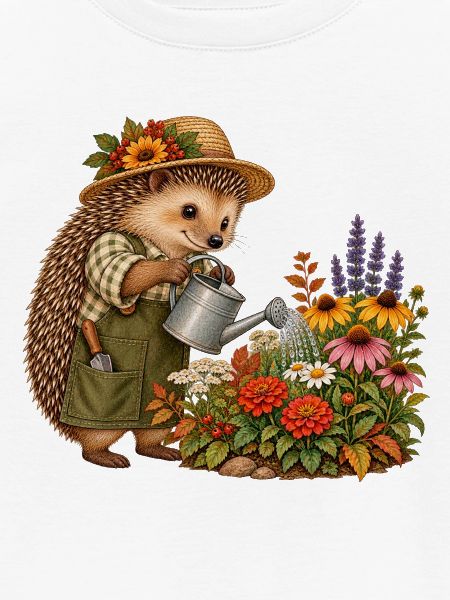 Igel gießt Gartenblumen