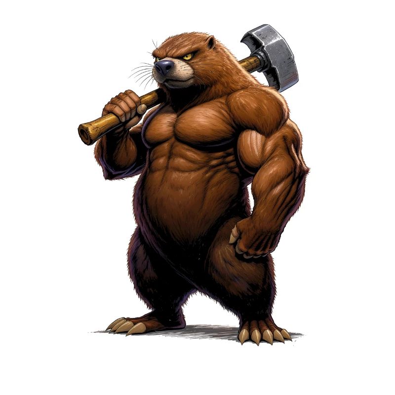 Muscular comic mole with hammer