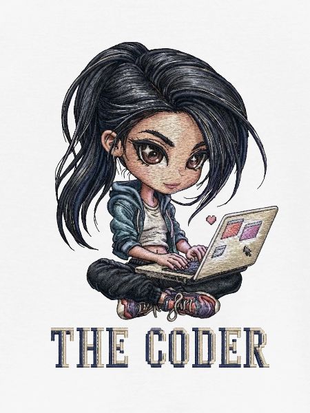Coderin am Laptop – Pixel-Look