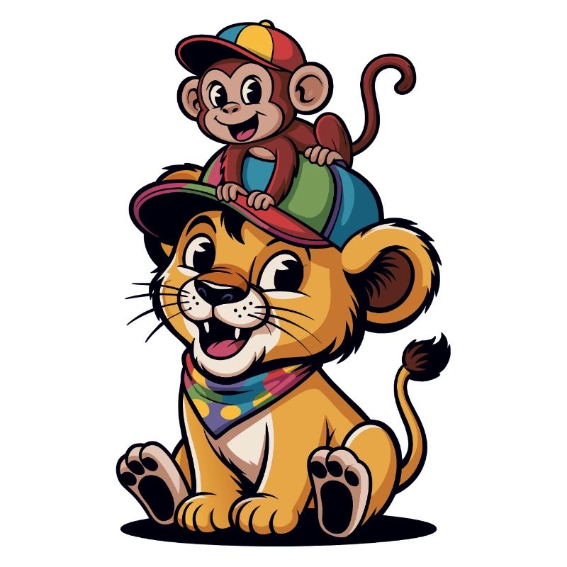 Jungle Duo: Monkey on Lion with Hat