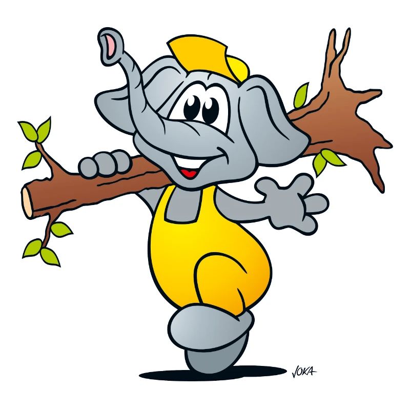 Comic elephant laughingly carries a tree