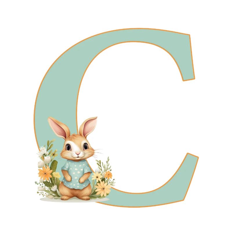 Lettre C, Monogramme, Fleurs, Lapin
