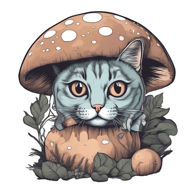 Cat Basking in Sunlight Under a Mushroom