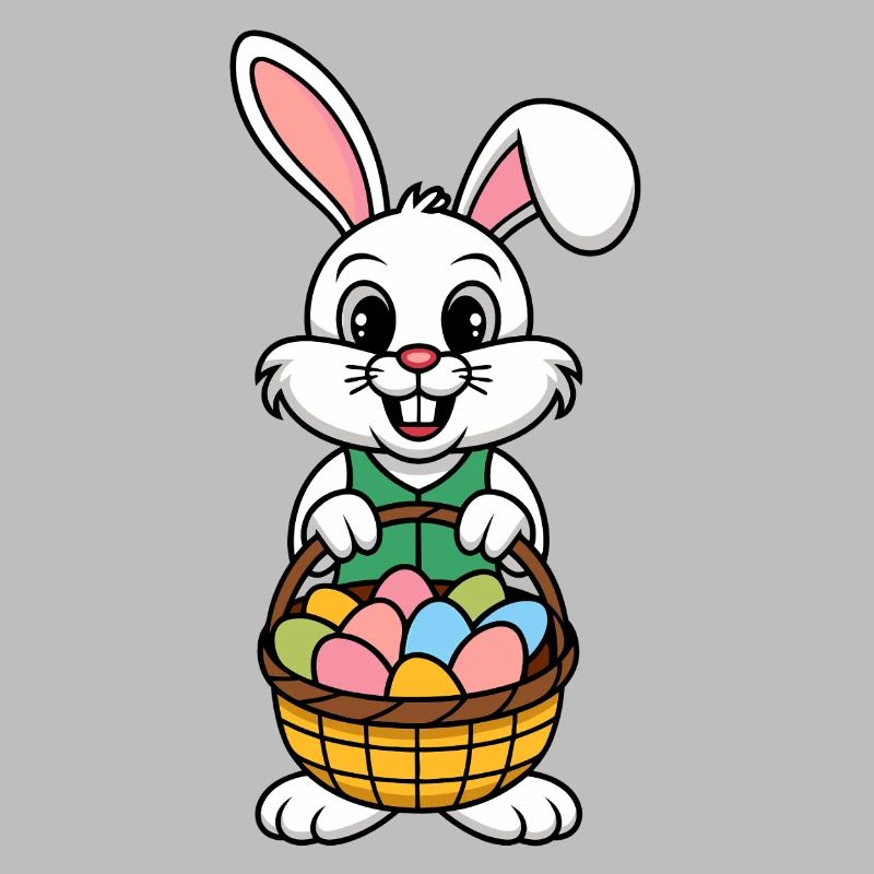 Funny Easter bunny with lots of colorful Easter eggs