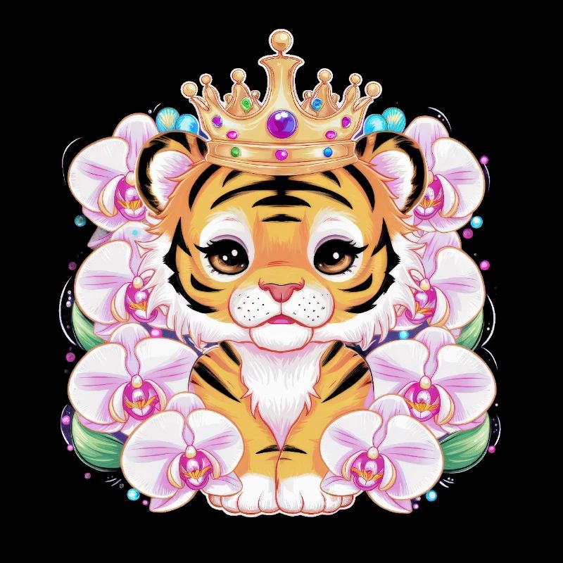 Kawaii tiger with crown and magnificent orchids