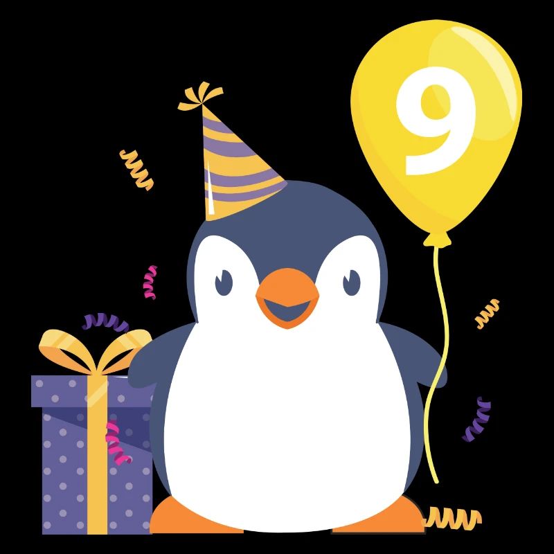 Pinguin mit Luftballon und Geschenk 9.Geburtstag