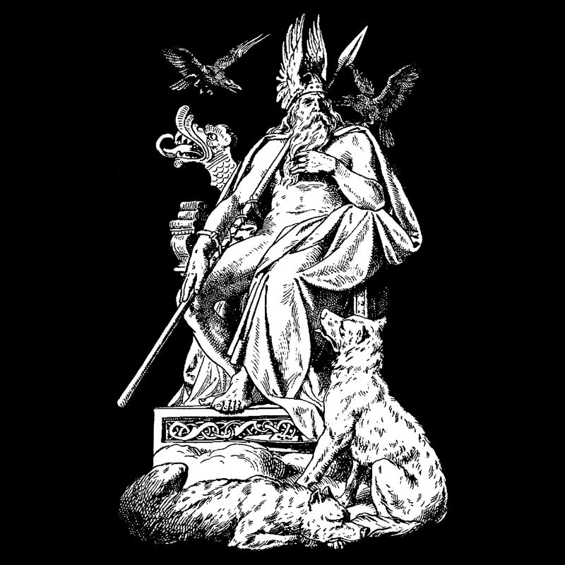 Odin on throne with spears, ravens and wolves