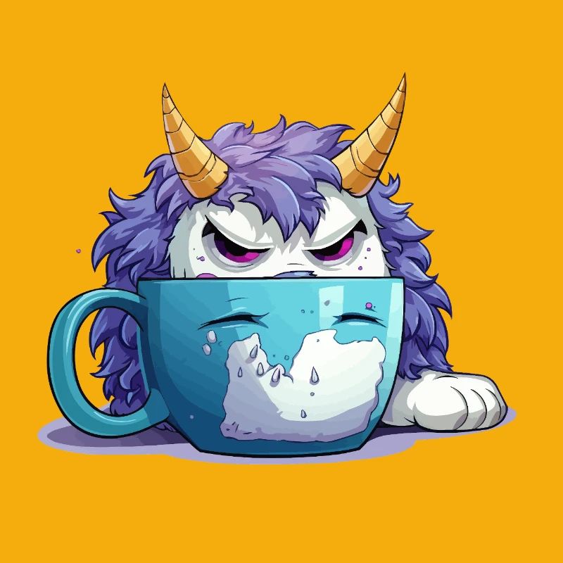 Grumpy monster in a coffee mug