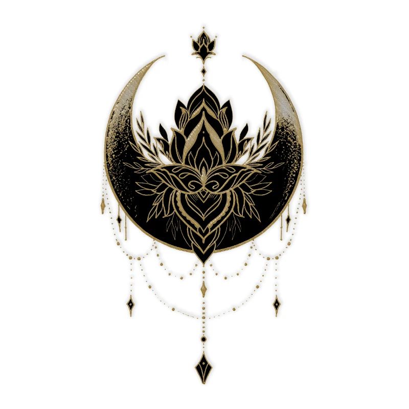 Superbe lune noire dorée avec fleur de lotus.