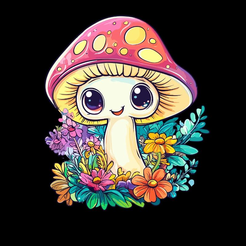 champignon heureux dans le champ de fleurs