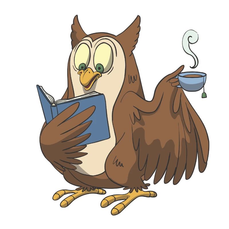 Bücher Eule mit einer Tasse Tee