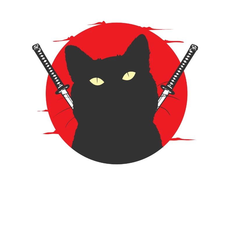 Schwarze Samurai Katze mit Schwerterpaar